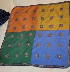 SILK * 18" Square Handkerchief * Orange Gold Blue Green * Classic
